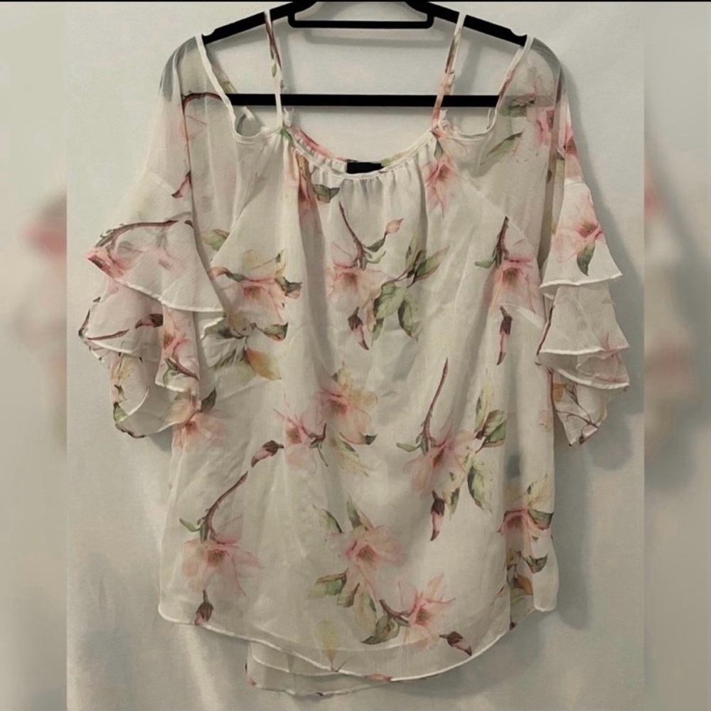 Cliche’ Floral Ruffled Off-Shoulder Sleeveless Blouse